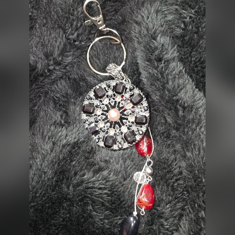 4" Handmade Silver, Black and Red Beaded Keychain/Purse Charm